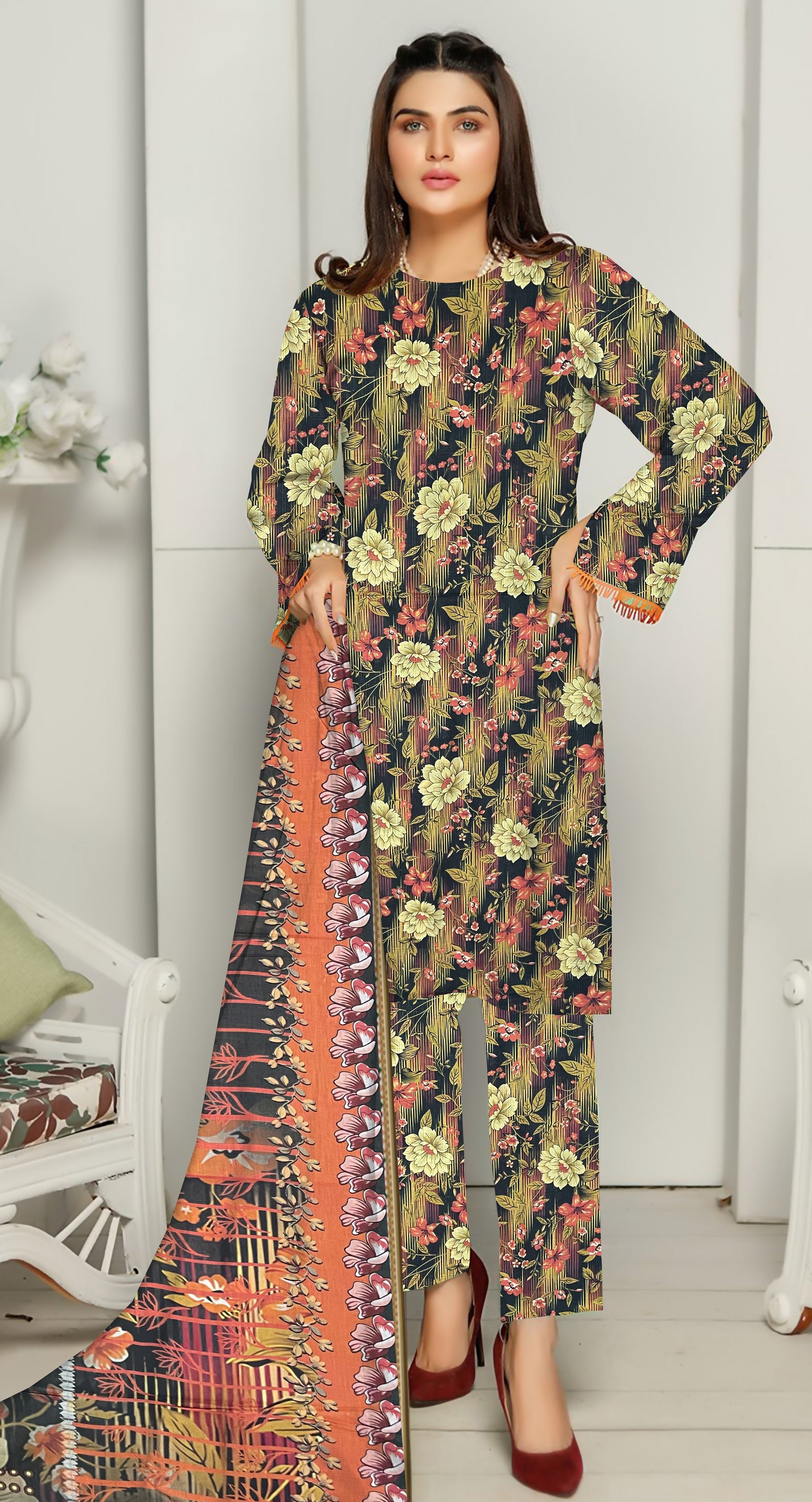 YASHFA NOOR PRINTED LAWN DABI JACQUARD ALLOVER STYLE COLLECTION (3D BANA DORA ) 3PC UNSTICHED YDJ10
