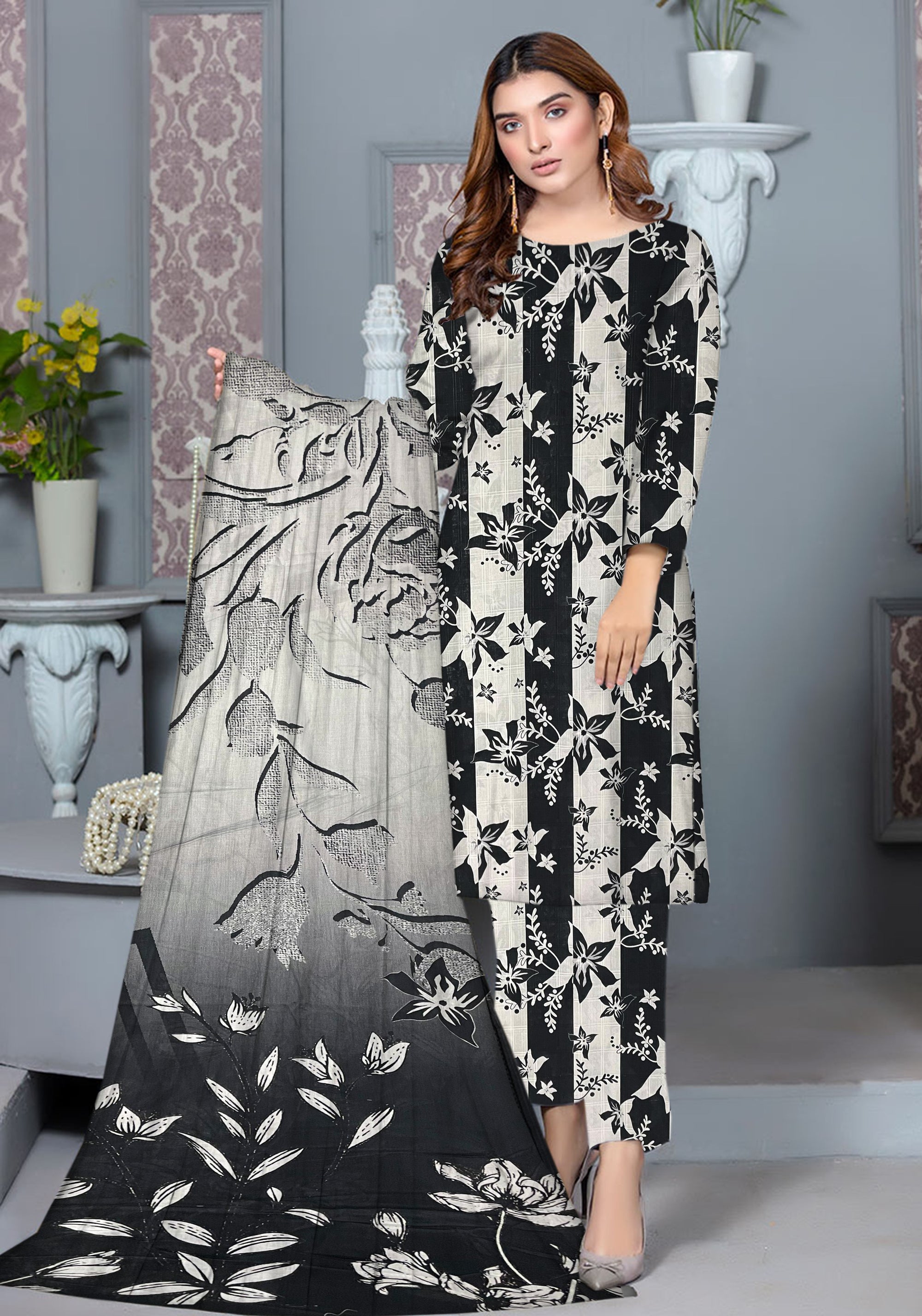 YASHFA NOOR PRINTED LAWN DABI JACQUARD ALLOVER STYLE COLLECTION (3D BAN DORA ) 3PC UNSTICHED YDJ12A