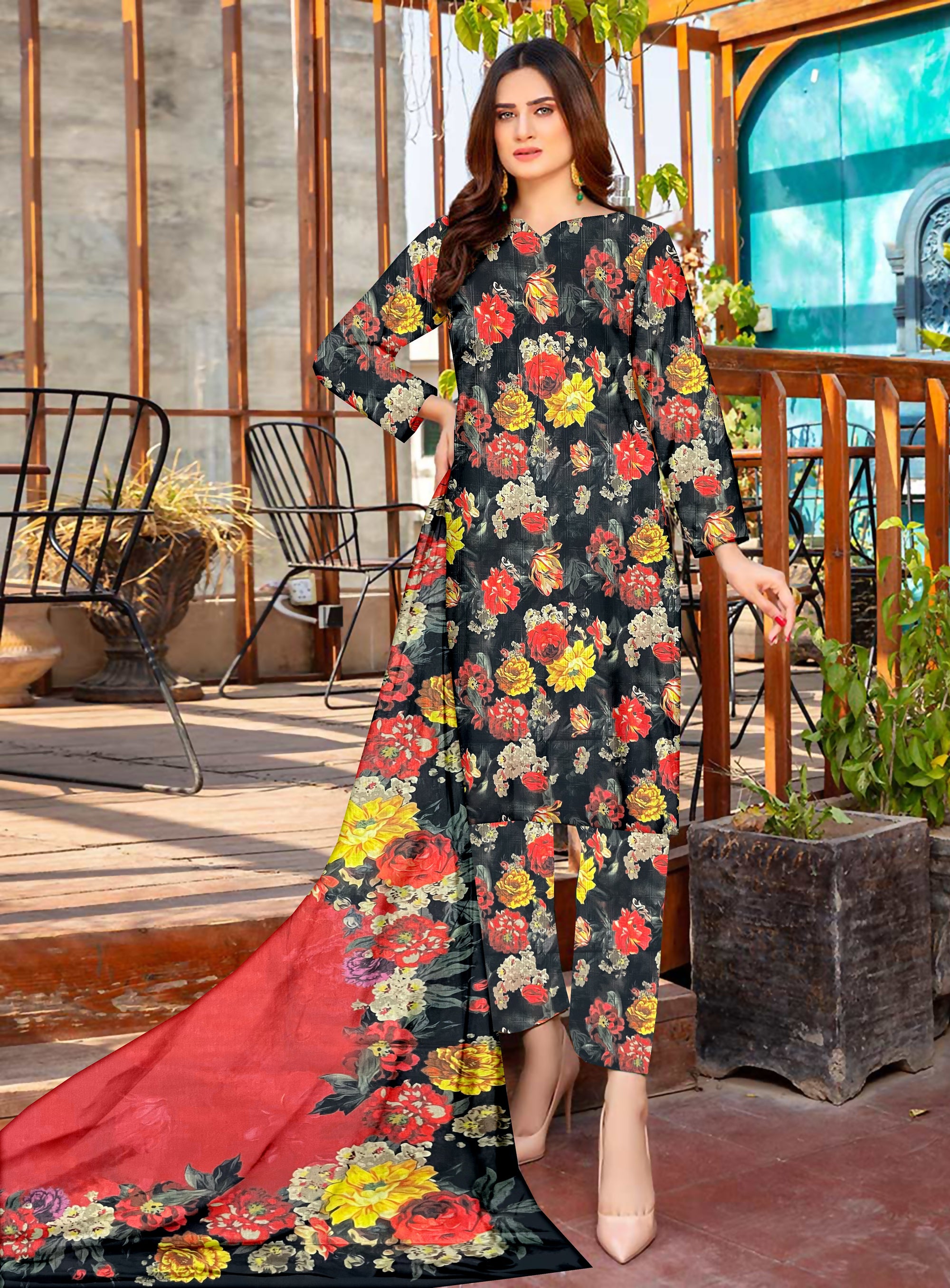 YASHFA NOOR PRINTED LAWN DABI JACQUARD ALLOVER STYLE COLLECTION (3D BANA DORA ) 3PC UNSTICHED YDJ02