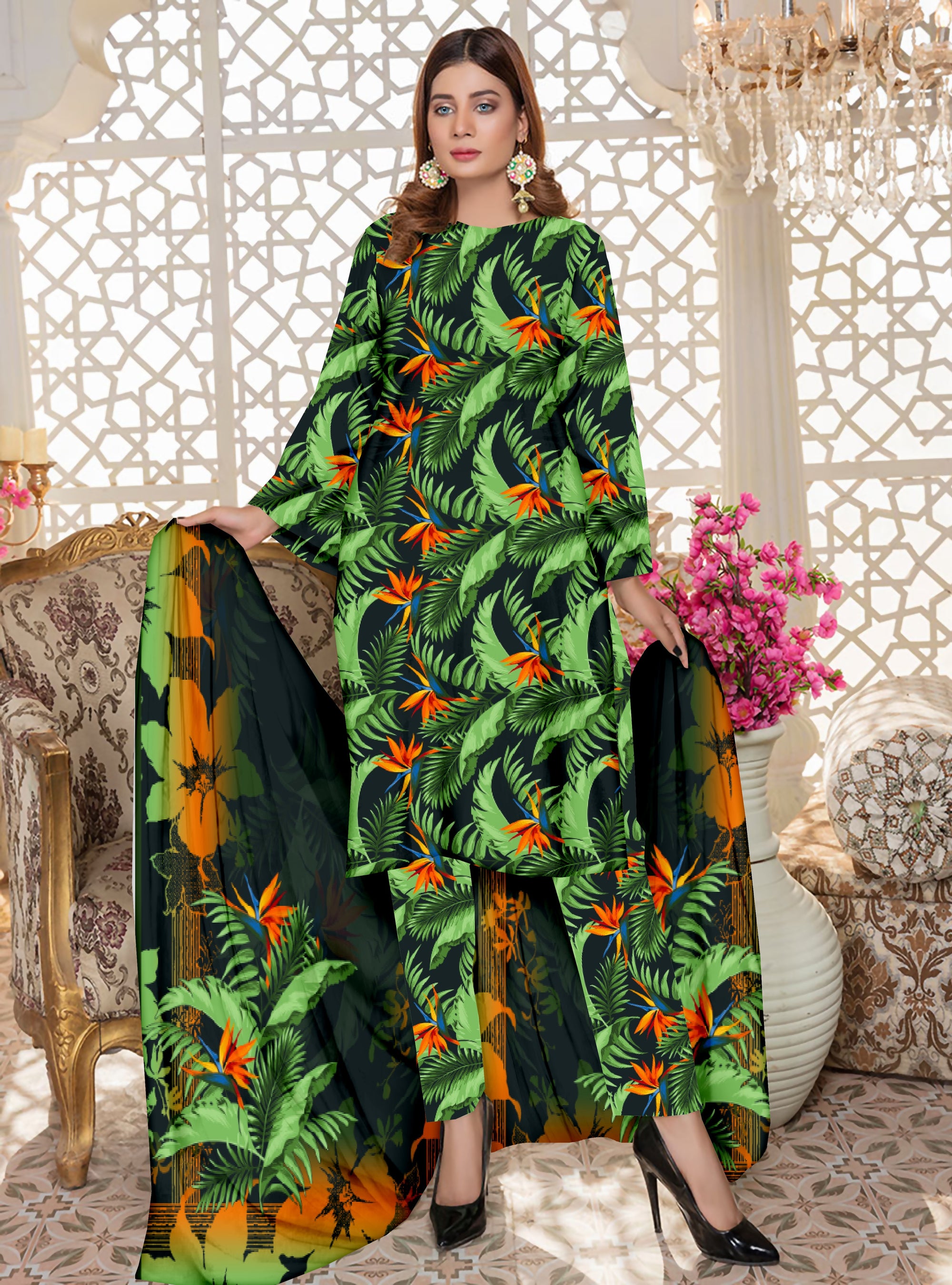 YASHFA NOOR PRINTED LAWN DABI JACQUARD ALLOVER STYLE COLLECTION (3D BANA DORA ) 3PC UNSTICHED YDJ13