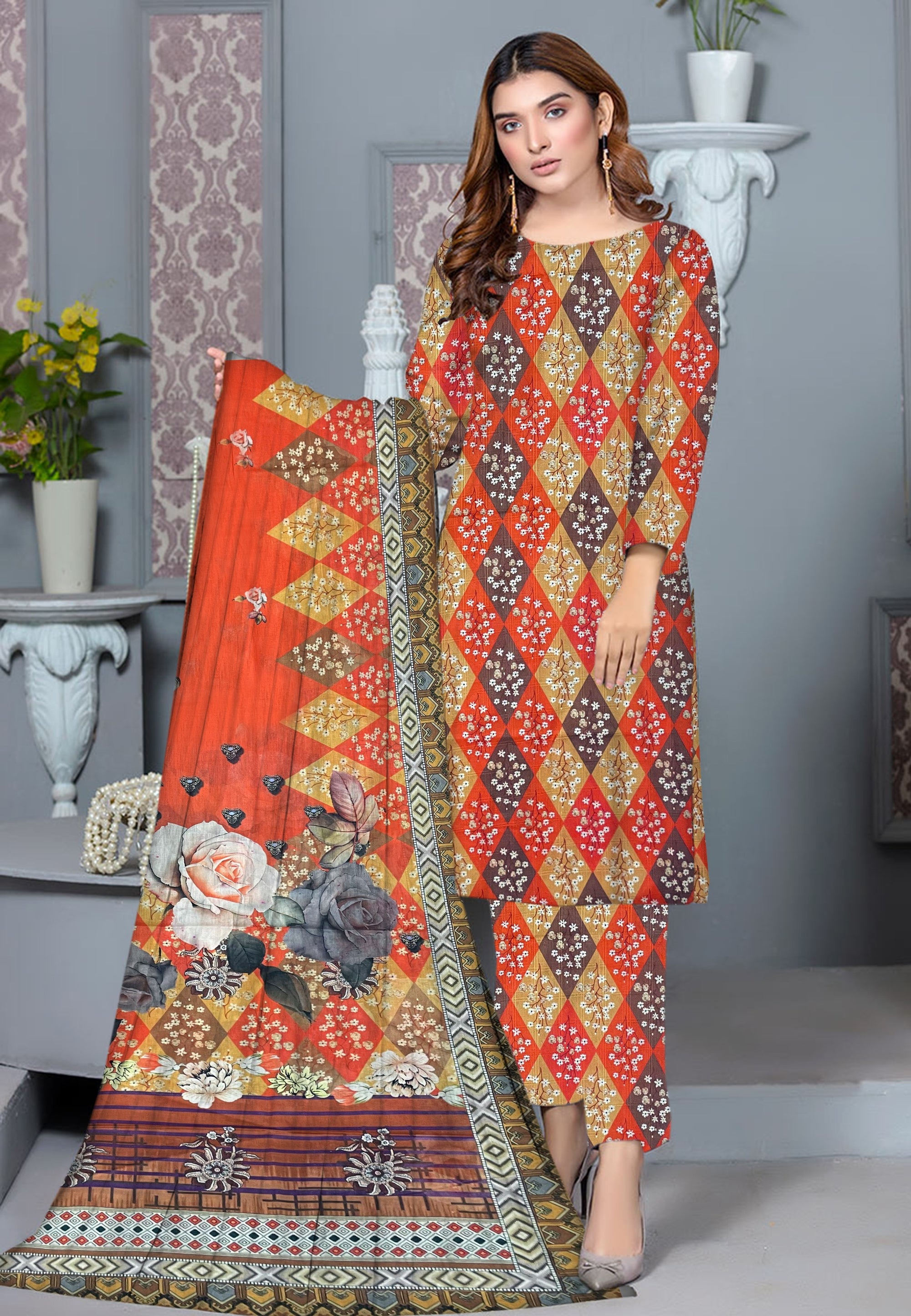 YASHFA NOOR PRINTED LAWN DABI JACQUARD ALLOVER STYLE COLLECTION (3D BANA DORA ) 3PC UNSTICHED YDJ11