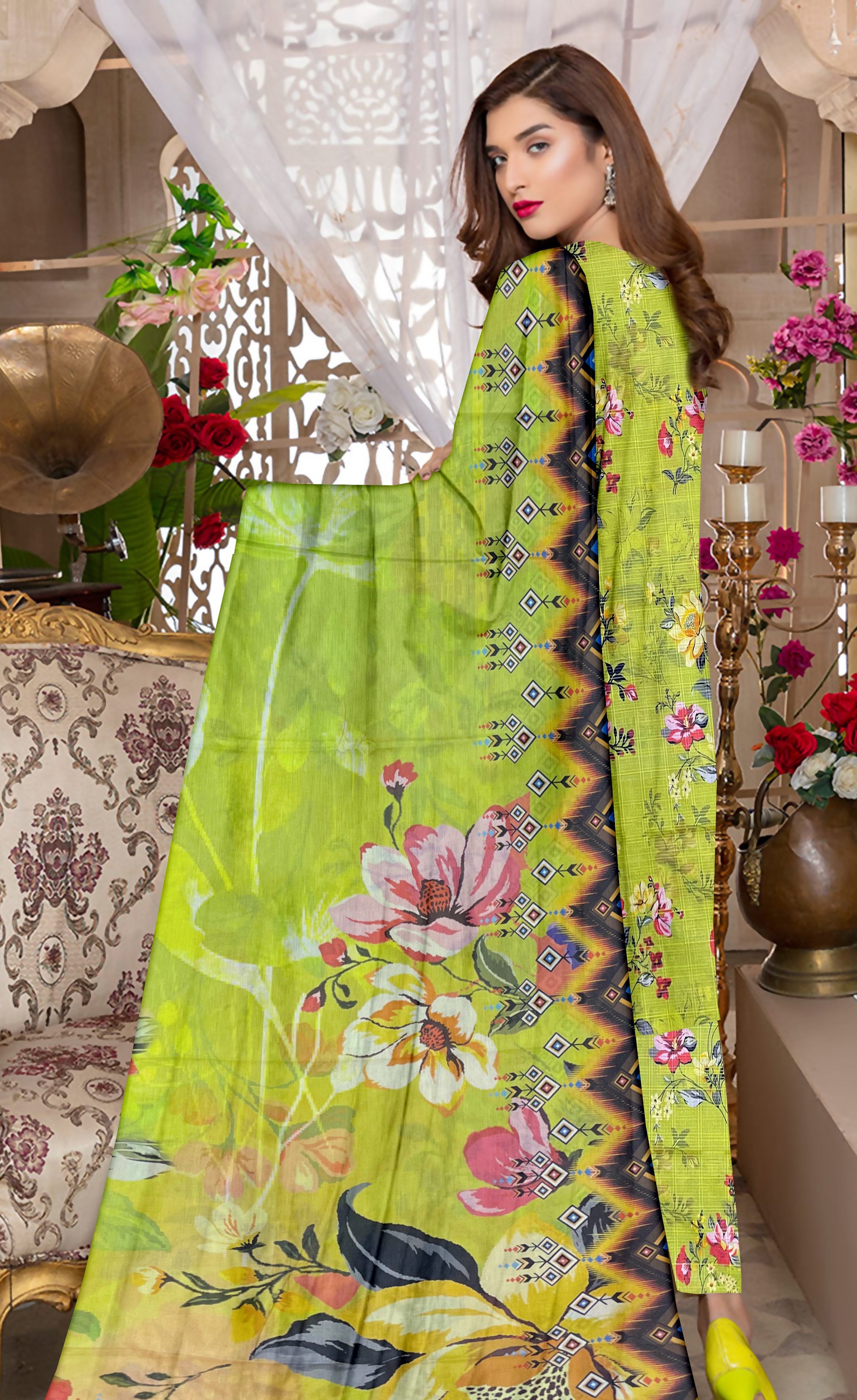 YASHFA NOOR PRINTED LAWN DABI JACQUARD ALLOVER STYLE COLLECTION (3D BANA DORA ) 3PC UNSTICHED YDJ17