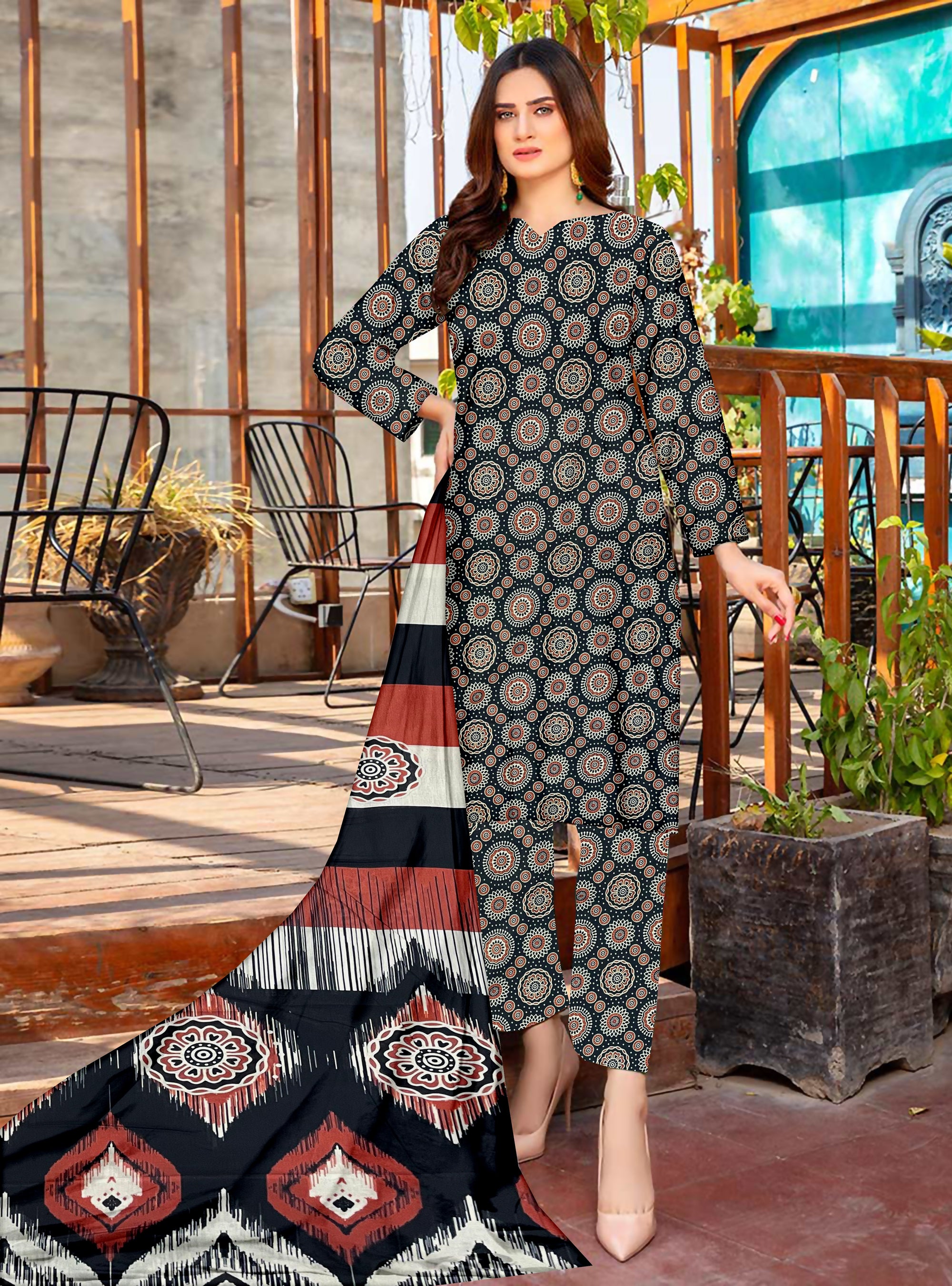 YASHFA NOOR PRINTED LAWN DABI JACQUARD ALLOVER STYLE COLLECTION (3D BANA DORA ) 3PC UNSTICHED YDJ01