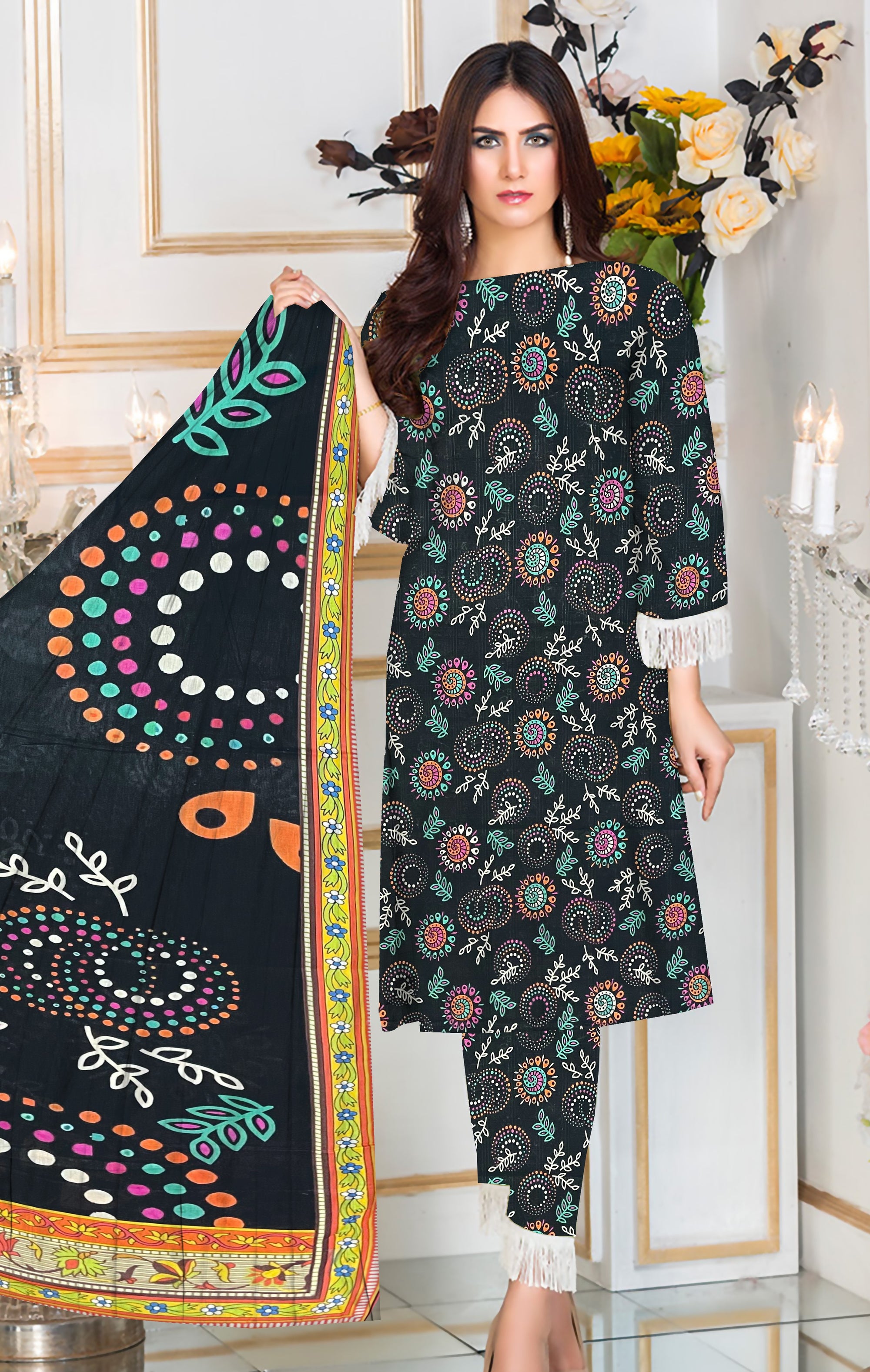 YASHFA NOOR PRINTED LAWN DABI JACQUARD ALLOVER STYLE COLLECTION (3D BANA DORA ) 3PC UNSTICHED YDJ23