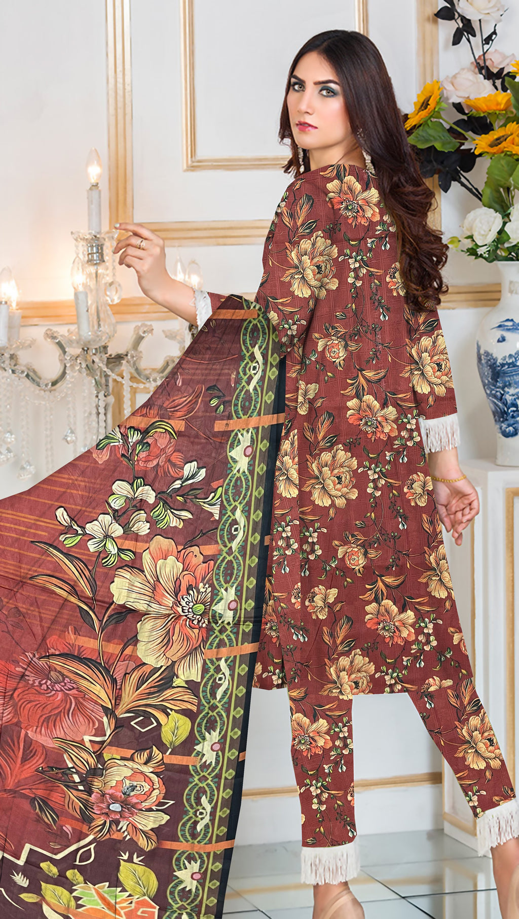YASHFA NOOR PRINTED LAWN DABI JACQUARD ALLOVER STYLE COLLECTION (3D BANA DORA ) 3PC UNSTICHED YDJ24