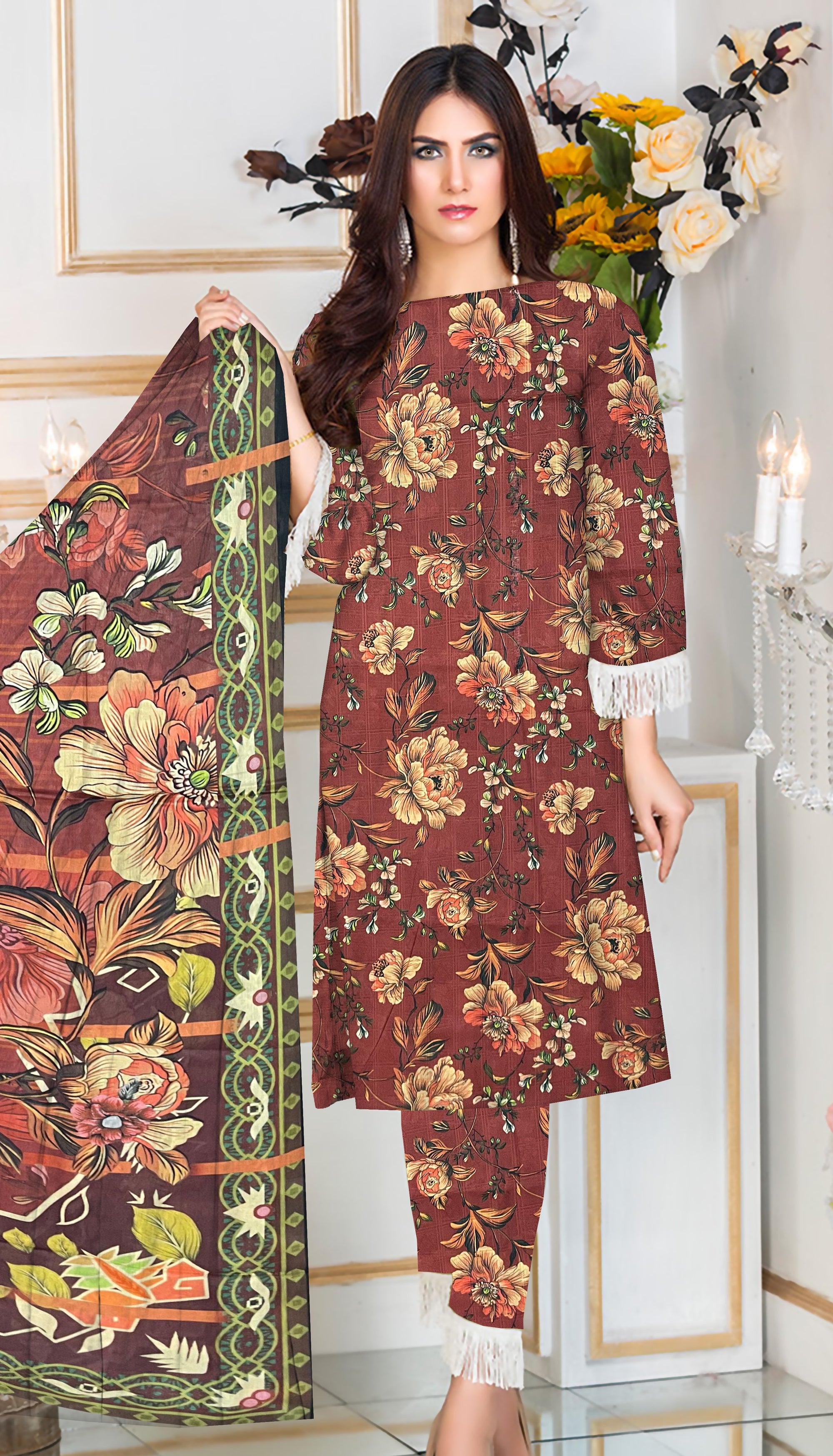 YASHFA NOOR PRINTED LAWN DABI JACQUARD ALLOVER STYLE COLLECTION (3D BANA DORA ) 3PC UNSTICHED YDJ24