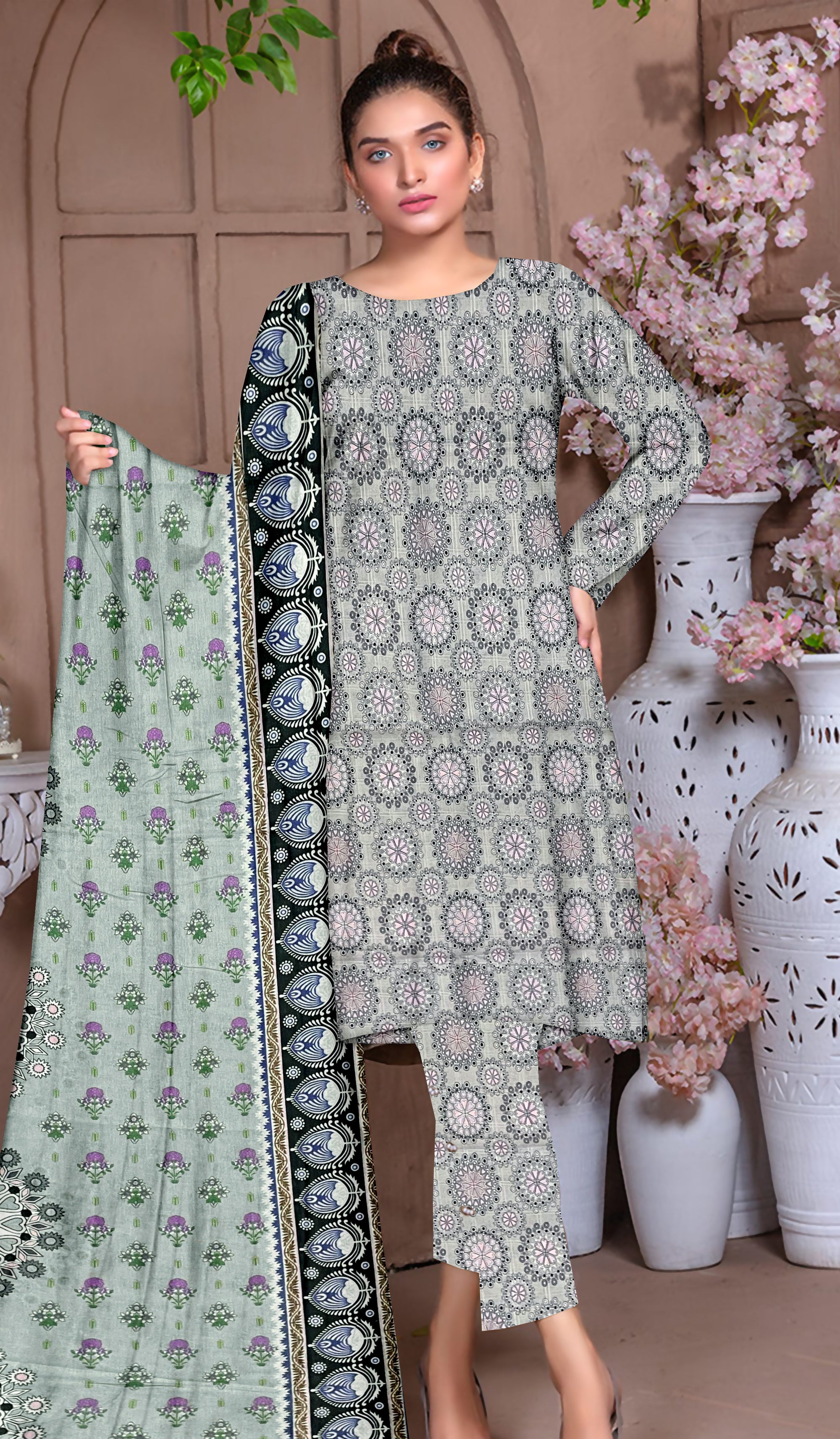 YASHFA NOOR PRINTED LAWN DABI JACQUARD ALLOVER STYLE COLLECTION (3D BANA DORA ) 3PC UNSTICHED YDJ25