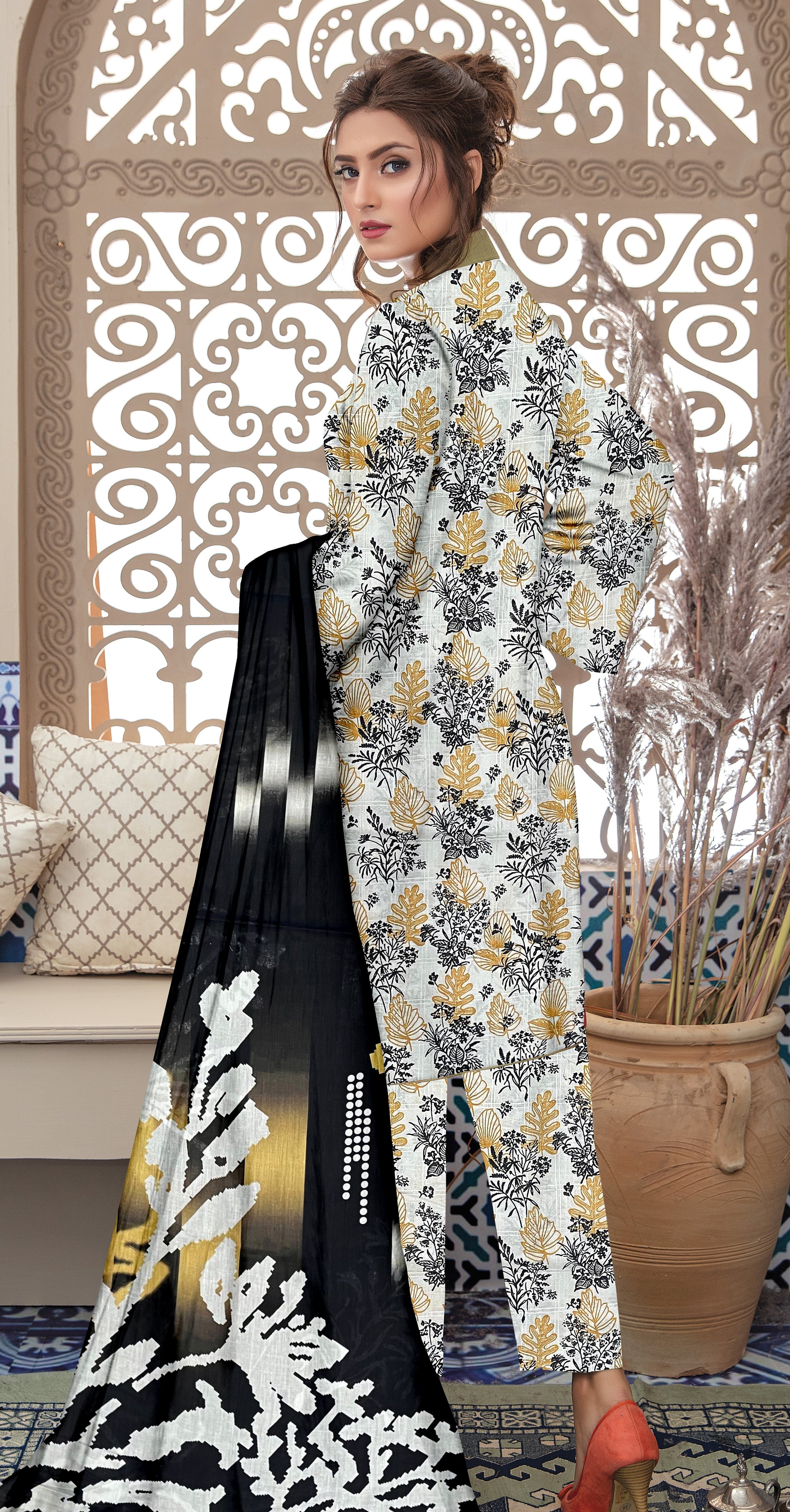 YASHFA NOOR PRINTED LAWN DABI JACQUARD ALLOVER STYLE COLLECTION (3D BANA DORA ) 3PC UNSTICHED YDJ03