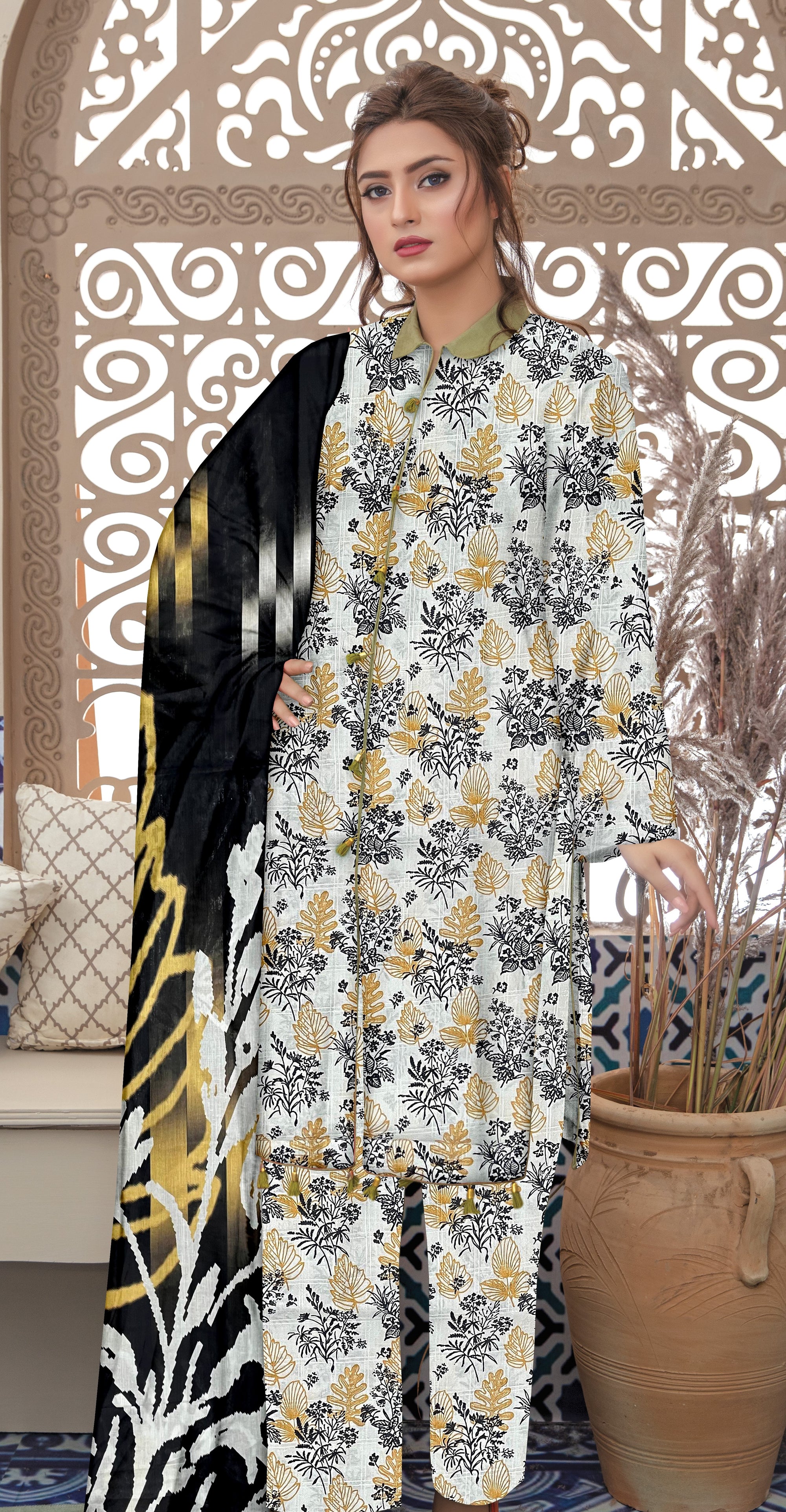 YASHFA NOOR PRINTED LAWN DABI JACQUARD ALLOVER STYLE COLLECTION (3D BANA DORA ) 3PC UNSTICHED YDJ03