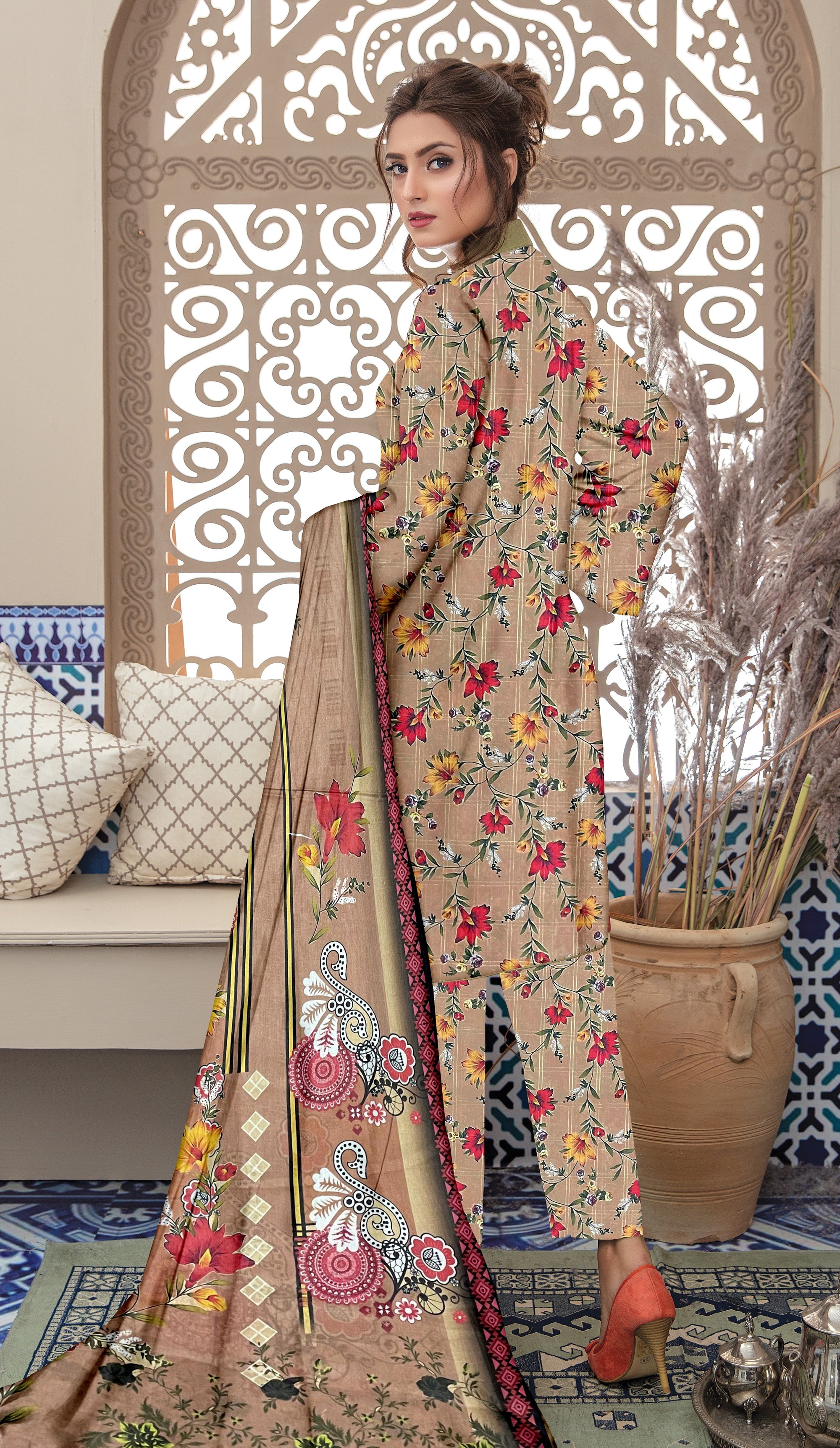 YASHFA NOOR PRINTED LAWN DABI JACQUARD ALLOVER STYLE COLLECTION (3D BANA DORA ) 3PC UNSTICHED YDJ04