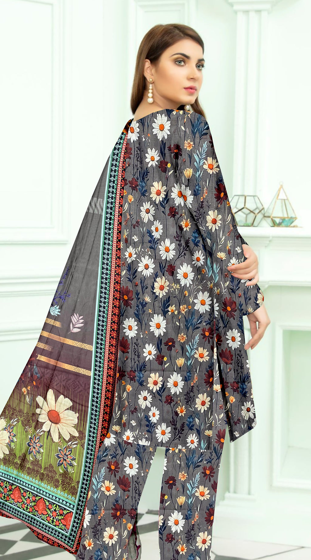YASHFA NOOR PRINTED LAWN DABI JACQUARD ALLOVER STYLE COLLECTION (3D BANA DORA ) 3PC UNSTICHED YDJ06
