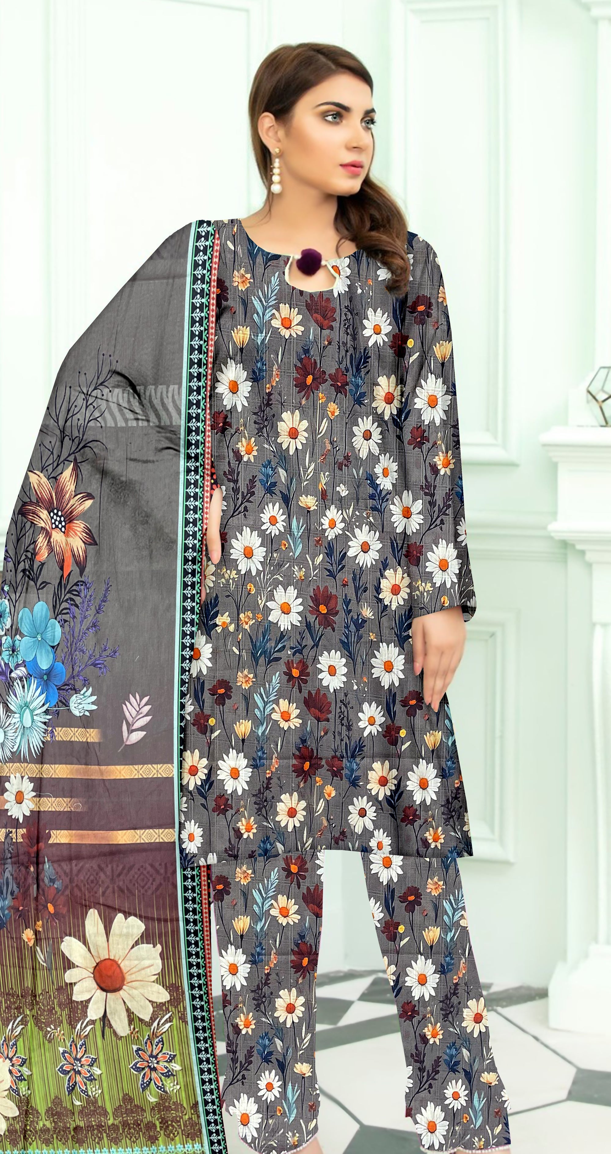 YASHFA NOOR PRINTED LAWN DABI JACQUARD ALLOVER STYLE COLLECTION (3D BANA DORA ) 3PC UNSTICHED YDJ06