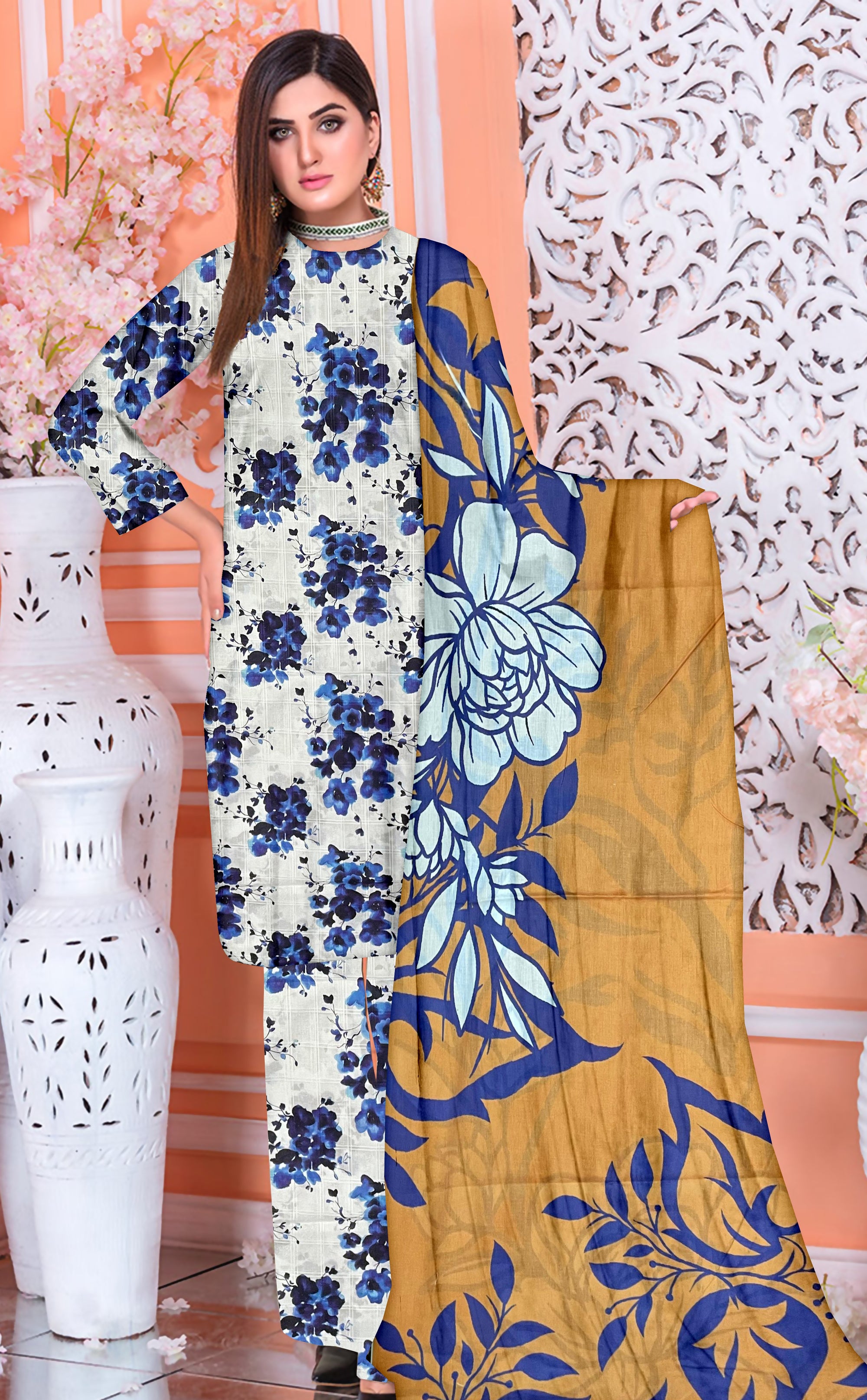 YASHFA NOOR PRINTED LAWN DABI JACQUARD ALLOVER STYLE COLLECTION (3D BANA DORA ) 3PC UNSTICHED YDJ08