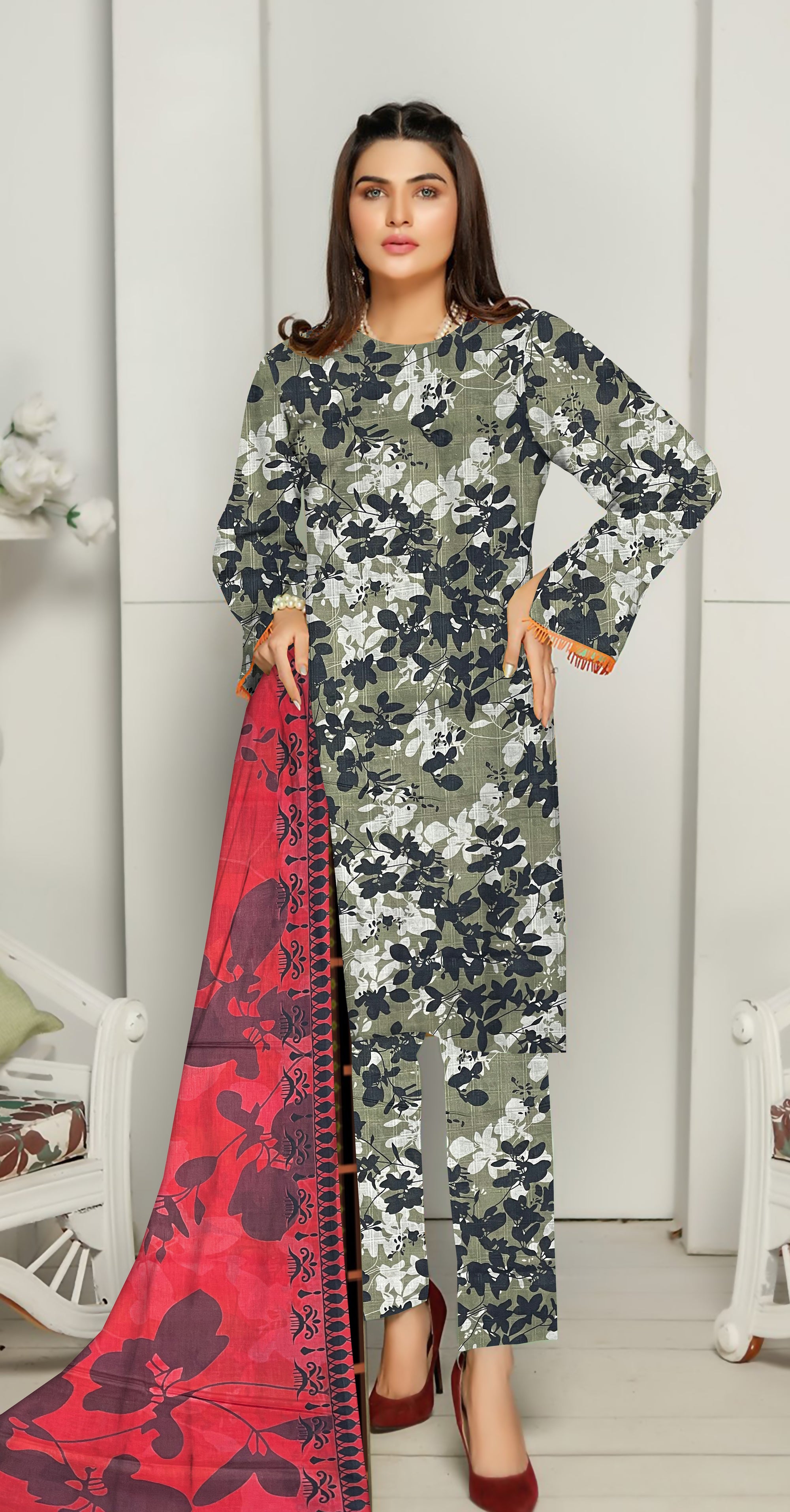 YASHFA NOOR PRINTED LAWN DABI JACQUARD ALLOVER STYLE COLLECTION (3D BANA DORA ) 3PC UNSTICHED YDJ09